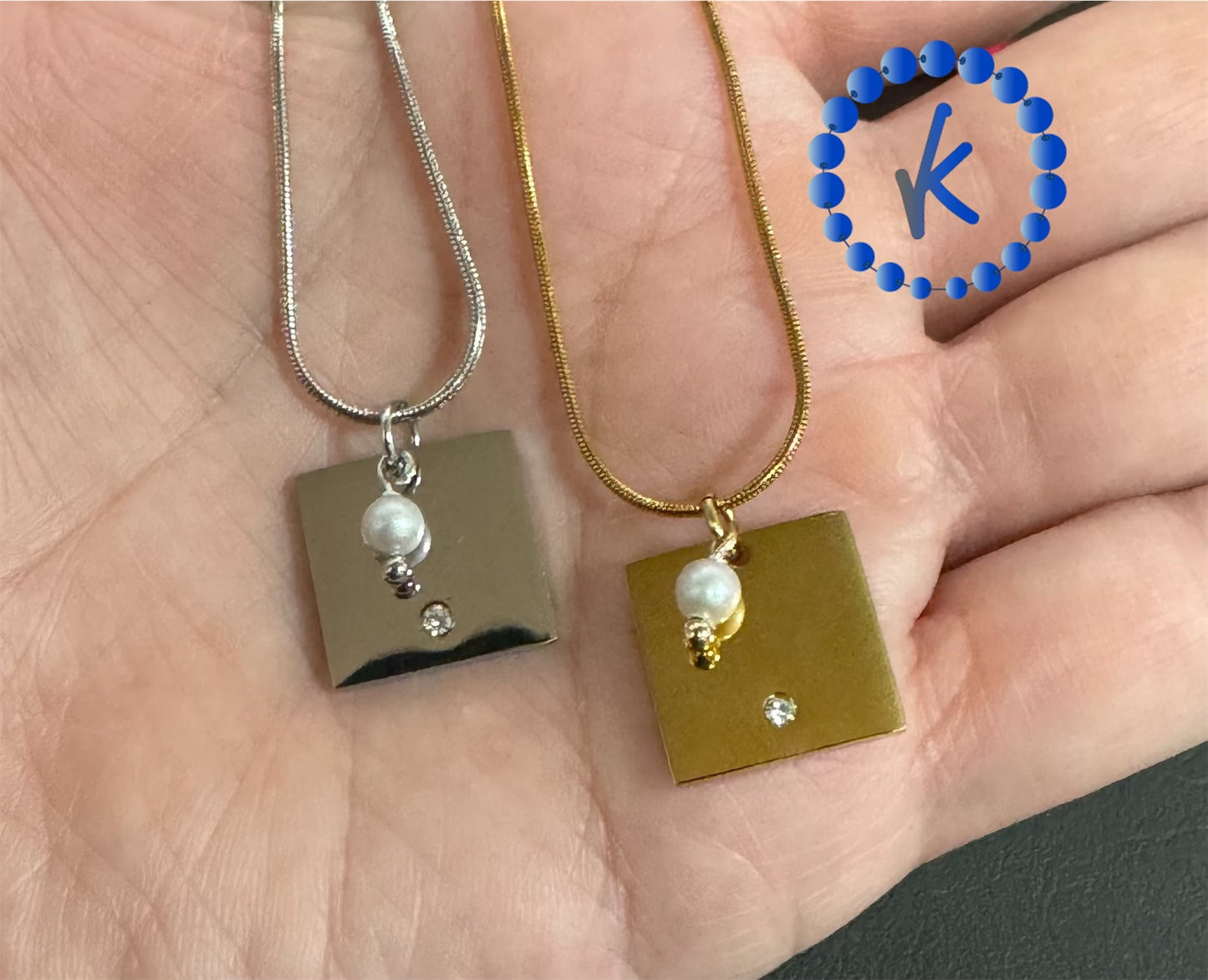 Delicate Square and Pearl Charm Necklace