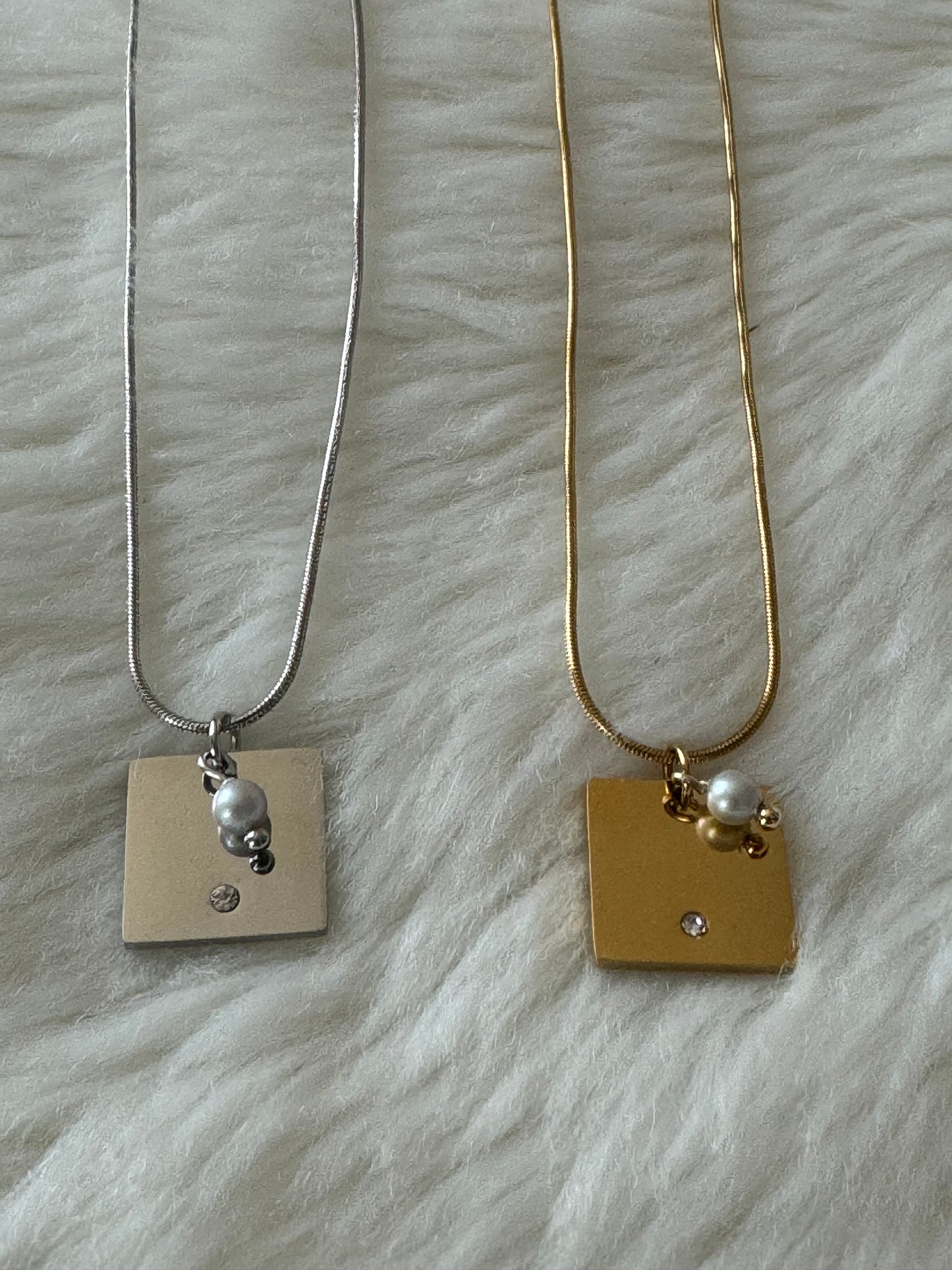 Delicate Square and Pearl Charm Necklace